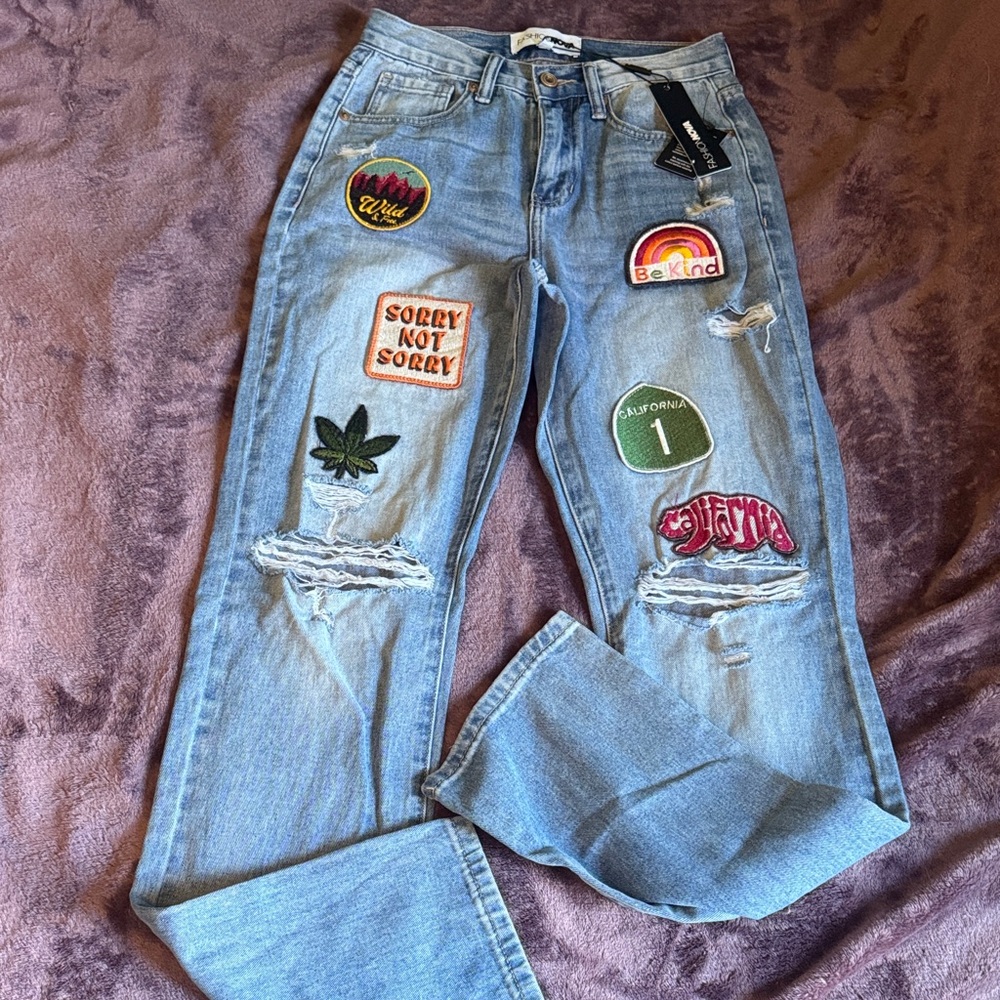 Fashion Nova Light Blue Jeans with Colorful Patches